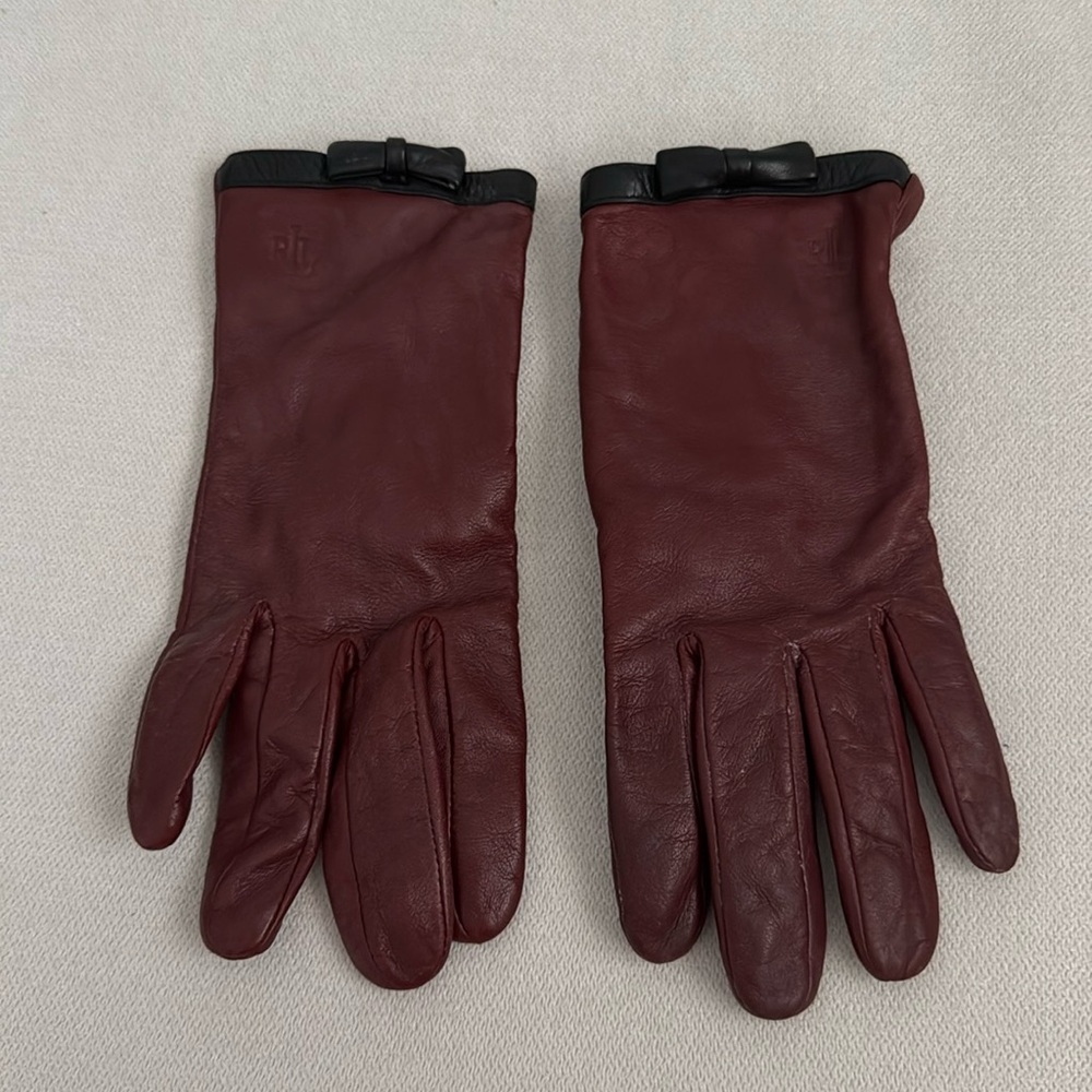 Ralph Lauren Burgundy Leather Gloves with Black Trim